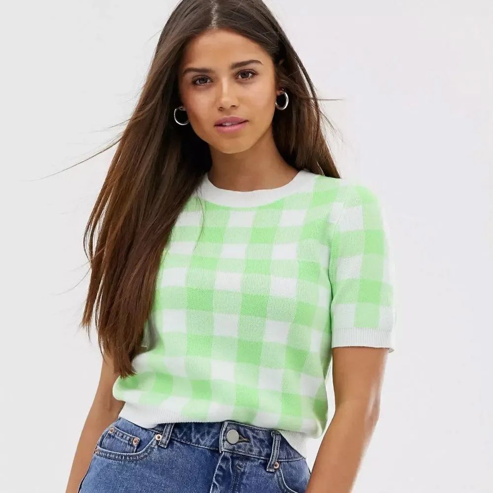 Princess Polly 2 Crewneck Cropped Short Sleeve Casual Check White Green Sweater